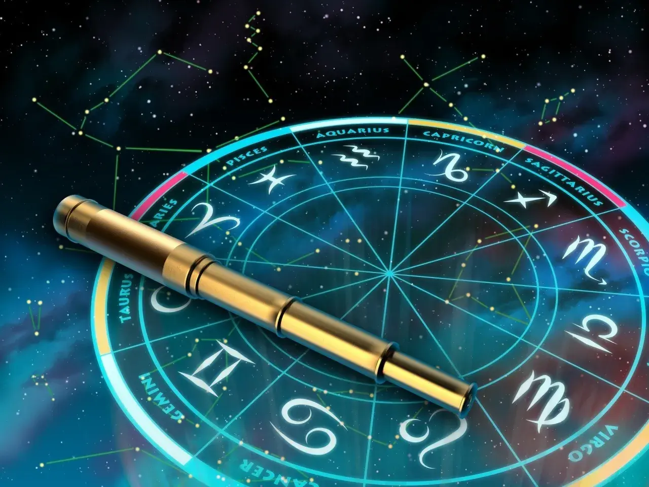 Złoty teleskop na tle koła zodiaku i konstelacji.